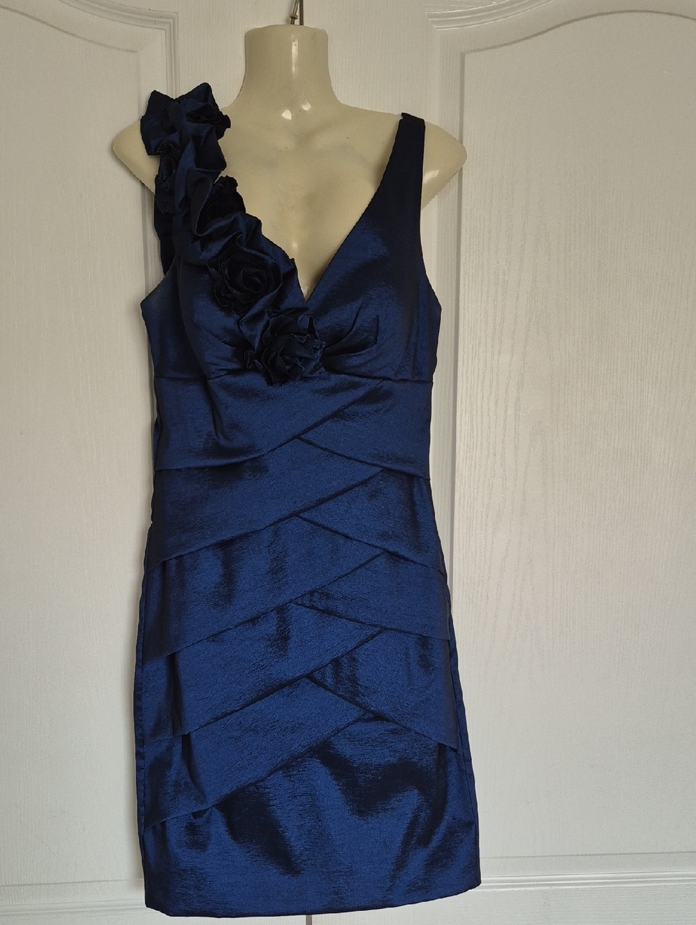 One-Shoulder Navy Floral Rosette Cocktail Dress
